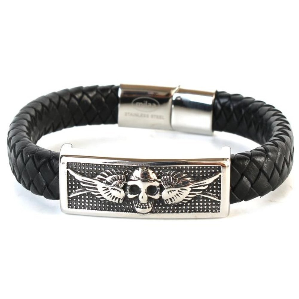 LEATHER STAINLESS STEEL SKULL BRACELET
